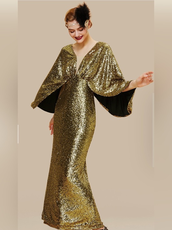 Babe beyond Dresses & Skirts - Gold Sequin Cape-Sleeve Prom Dress